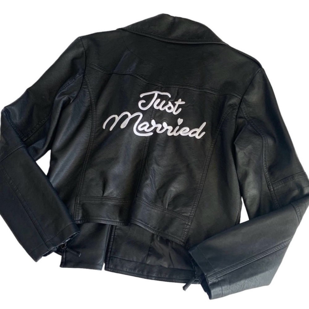 David’s Bridal Black Just Married Embroidered Vegan Leather Moto Jacket Medium